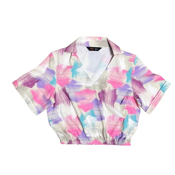 Zink London Multicolor Abstract Crop V-Neck Button-Up Blouse Women’s Size XS - Picture 2 of 10